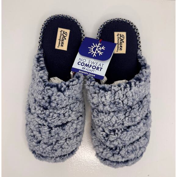 DLUXE by Dearfoams Vera Teddy Scuff Slippers Blue Memory Foam Size L 9-10 UNISEX - Picture 3 of 10